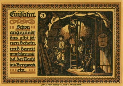 Gutschein der Stadt zu Freiberg&nbsp;i/Sa. (Sachsen - Allemagne ) - 75 pfennige 1921 - #3 Einfahrt. Schon angez�nd't! das gibt seinen Schein, und damit nun fahren wir bei der Nacht in's Bergwerk ein. - dos
