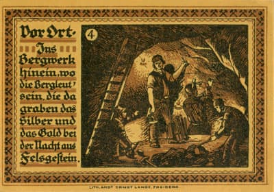Gutschein der Stadt zu Freiberg&nbsp;i/Sa. (Sachsen - Allemagne ) - 75 pfennige 1921 - #4 Vor Ort. Ins Bergwerk hinein, wo die Bergleut'sein, die da graben das Silber und das Gold bei der Nacht aus Felsgestein. - dos