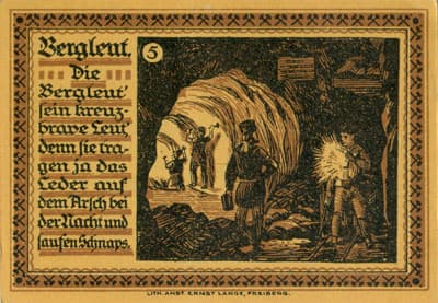 Gutschein der Stadt zu Freiberg&nbsp;i/Sa. (Sachsen - Allemagne ) - 75 pfennige 1921 - #5 Bergleut. Die Bergleut'sein kreuzbrave leut', denn sie tragen ja das Leder auf dem Arsch bei der Nacht und saufen Schnaps. - dos