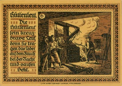 Gutschein der Stadt zu Freiberg&nbsp;i/Sa. (Sachsen - Allemagne ) - 75 pfennige 1921 - #6 H�ttenleut. Die h�ttenleut'sein kreuzbrave Leut', denn sie tragen das Leder auf dem Bauch bei der Nacht und saufen Sekt. - dos
