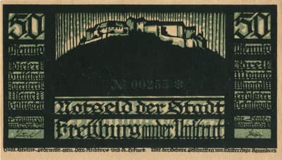 Notgeld der Stadt Freyburg an der Unstrut (Sachsen-Anhalt - Allemagne) - 50 pfennige n�&nbsp;00255 - 12&nbsp;septembre&nbsp;1921 - type 1 - face