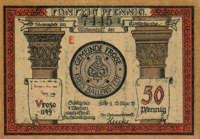 Notgeld Gemeinde Frose kreis&nbsp;Ballenstedt (Sachsen-Anhalt - Allemagne) - 50 pfennige n�&nbsp;7445 - 15&nbsp;mars&nbsp;1921 - S�rie E - Vroso 1149 - face