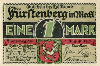 Gutschein des Luftkurorts F�rstenberg in&nbsp;Mecklenburg (Brandenburg - Allemagne) - 1 mark - 1&nbsp;ao�t&nbsp;1921 - Station f�r die Rundfahrten durch die herrliche mecklenburgische Seeenplatte - face