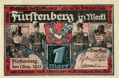 Gutschein des Luftkurorts F�rstenberg in&nbsp;Mecklenburg (Brandenburg - Allemagne) - 1 mark - 1&nbsp;ao�t&nbsp;1921 - Sch�tzenzunft - face