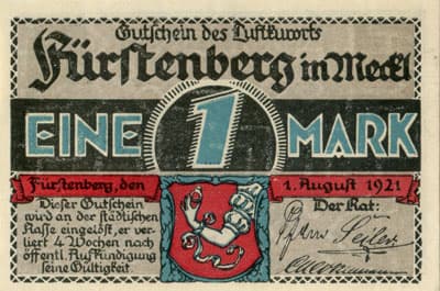 Gutschein des Luftkurorts F�rstenberg in&nbsp;Mecklenburg (Brandenburg - Allemagne) - 1 mark - 1&nbsp;ao�t&nbsp;1921 - nur 80&nbsp;km von Berlin D&nbsp;zug 70&nbsp;min - face