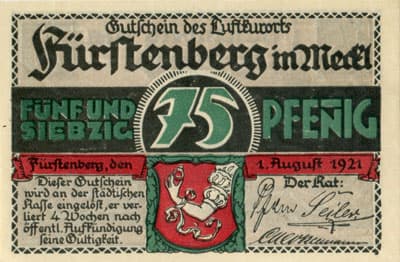 Gutschein des Luftkurorts F�rstenberg in&nbsp;Mecklenburg (Brandenburg - Allemagne) - 75 pfennige - 1&nbsp;ao�t&nbsp;1921 - Innerhalb dreier Seeen und meilenweiter Waldbungen - face
