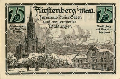 Gutschein des Luftkurorts F�rstenberg in&nbsp;Mecklenburg (Brandenburg - Allemagne) - 75 pfennige - 1&nbsp;ao�t&nbsp;1921 - Innerhalb dreier Seeen und meilenweiter Waldbungen - dos