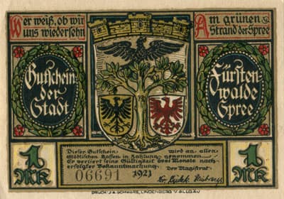 Gutschein der Stadt F�rstenwalde&nbsp;Spree (Brandenburg - Allemagne) - 1 mark n�&nbsp;6691 - 1921 - type 1 - face