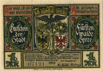 Gutschein der Stadt F�rstenwalde&nbsp;Spree (Brandenburg - Allemagne) - 1 mark n�&nbsp;7191 - 1921 - type 2 - face