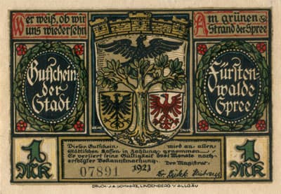 Gutschein der Stadt F�rstenwalde&nbsp;Spree (Brandenburg - Allemagne) - 1 mark n�&nbsp;7891 - 1921 - type 3 - face