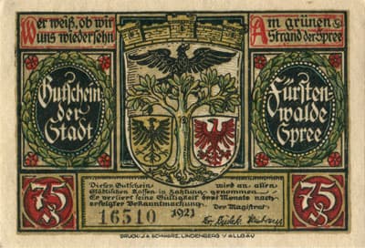 Gutschein der Stadt F�rstenwalde&nbsp;Spree (Brandenburg - Allemagne) - 75 pfennige n�&nbsp;16510 - 1921 - type 1 - face