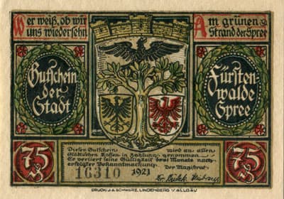 Gutschein der Stadt F�rstenwalde&nbsp;Spree (Brandenburg - Allemagne) - 75 pfennige n�&nbsp;16310 - 1921 - type 2 - face