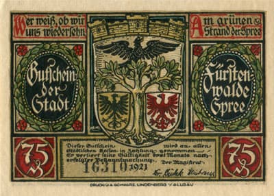 Gutschein der Stadt F�rstenwalde&nbsp;Spree (Brandenburg - Allemagne) - 75 pfennige n�&nbsp;16310 - 1921 - type 3 - face