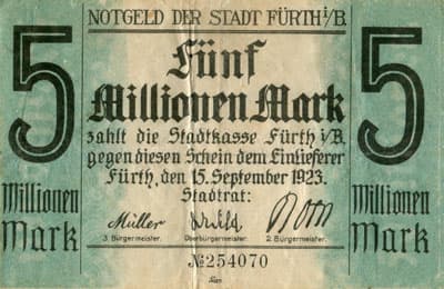 Notgeld der Stadt F�rth-in-Bayern (Bayern - Allemagne) - 5&nbsp;000&nbsp;000&nbsp;mark - 15&nbsp;septembre&nbsp;1923 - n�&nbsp;254070 - face