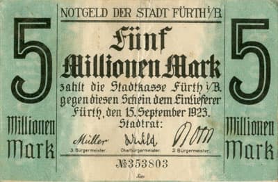 Notgeld der Stadt F�rth-in-Bayern (Bayern - Allemagne) - 5&nbsp;000&nbsp;000&nbsp;mark - 15&nbsp;septembre&nbsp;1923 - n�&nbsp;353803 - face
