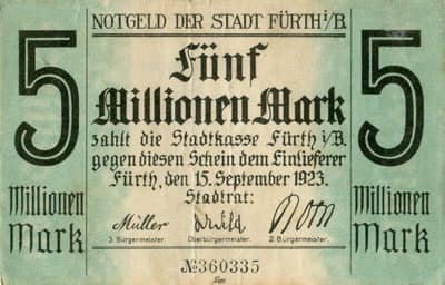 Notgeld der Stadt F�rth-in-Bayern (Bayern - Allemagne) - 5&nbsp;000&nbsp;000&nbsp;mark - 15&nbsp;septembre&nbsp;1923 - n�&nbsp;360335 - face