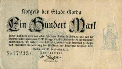 Notgeld der Stadt Gotha (Th�ringen - Allemagne) - 100 mark n�&nbsp;17233 - 30&nbsp;septembre&nbsp;1922 - face