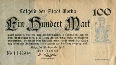 Notgeld der Stadt Gotha (Th�ringen - Allemagne) - 100 mark n�&nbsp;41430 - 30&nbsp;septembre&nbsp;1922 - face