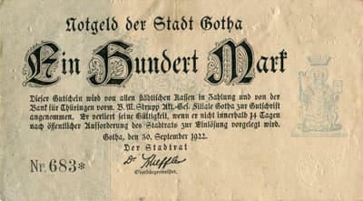 Notgeld der Stadt Gotha (Th�ringen - Allemagne) - 100 mark n�&nbsp;683 - 30&nbsp;septembre&nbsp;1922 - face