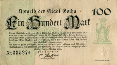 Notgeld der Stadt Gotha (Th�ringen - Allemagne) - 100 mark n�&nbsp;33527 - 5&nbsp;octobre&nbsp;1922 - face