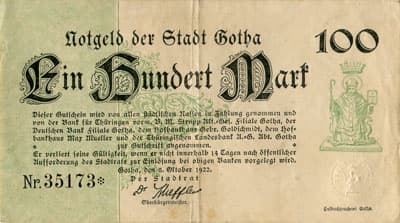 Notgeld der Stadt Gotha (Th�ringen - Allemagne) - 100 mark n�&nbsp;35173 - 5&nbsp;octobre&nbsp;1922 - face