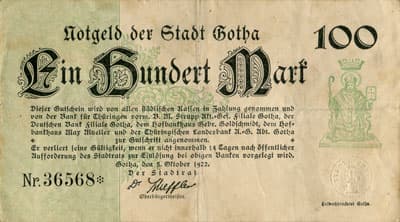 Notgeld der Stadt Gotha (Th�ringen - Allemagne) - 100 mark n�&nbsp;36568 - 5&nbsp;octobre&nbsp;1922 - face