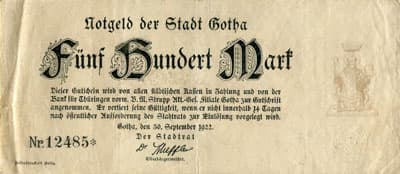 Notgeld der Stadt Gotha (Th�ringen - Allemagne) - 500 mark n�&nbsp;12485 - 30&nbsp;septembre&nbsp;1922 - face