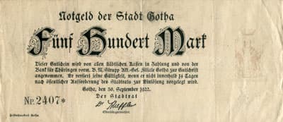 Notgeld der Stadt Gotha (Th�ringen - Allemagne) - 500 mark n�&nbsp;2407 - 30&nbsp;septembre&nbsp;1922 - face