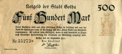 Notgeld der Stadt Gotha (Th�ringen - Allemagne) - 500 mark n�&nbsp;35273 - 30&nbsp;septembre&nbsp;1922 - face