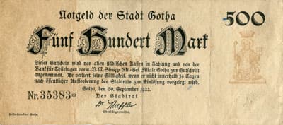 Notgeld der Stadt Gotha (Th�ringen - Allemagne) - 500 mark n�&nbsp;35383 - 30&nbsp;septembre&nbsp;1922 - face