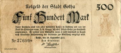 Notgeld der Stadt Gotha (Th�ringen - Allemagne) - 500 mark n�&nbsp;37699 - 30&nbsp;septembre&nbsp;1922 - face