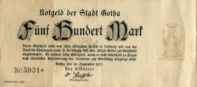 Notgeld der Stadt Gotha (Th�ringen - Allemagne) - 500 mark n�&nbsp;5931 - 30&nbsp;septembre&nbsp;1922 - face