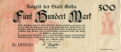 Notgeld der Stadt Gotha (Th�ringen - Allemagne) - 500 mark n�&nbsp;16883 - 5&nbsp;octobre&nbsp;1922 - face