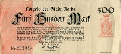 Notgeld der Stadt Gotha (Th�ringen - Allemagne) - 500 mark n�&nbsp;23394 - 5&nbsp;octobre&nbsp;1922 - face