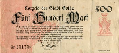 Notgeld der Stadt Gotha (Th�ringen - Allemagne) - 500 mark n�&nbsp;25175 - 5&nbsp;octobre&nbsp;1922 - face