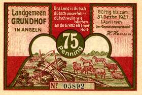 Notgeld Grundhof in Angeln (Schleswig-Holstein - Allemagne) - 75 pfennige - �mission du 1er avril 1921 - dos