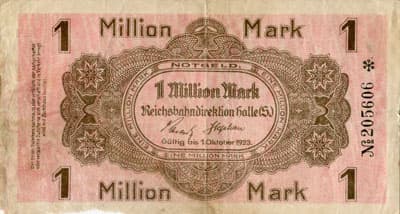 Notgeld - Halle (Saale) - Sachsen-Anhalt - Reichsbahndirektion Halle - 1&nbsp;000&nbsp;000&nbsp;mark - 1&nbsp;octobre&nbsp;1923 (valable&nbsp;jusqu'au) - n�&nbsp;205606 - face