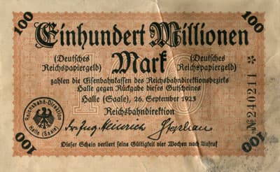 Notgeld - Halle (Saale) - Sachsen-Anhalt - Reichsbahndirektion Halle - 100&nbsp;000&nbsp;000&nbsp;mark - 26&nbsp;septembre&nbsp;1923 - n�&nbsp;240211 - face