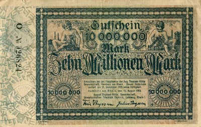 Hamborn / Gutschein August Thyssen-H�tte - 10&nbsp;000&nbsp;000&nbsp;mark - 15&nbsp;ao�t&nbsp;1923 - s�rie&nbsp;O - n�&nbsp;026824 - face