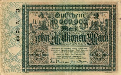 Hamborn / Gutschein August Thyssen-H�tte - 10&nbsp;000&nbsp;000&nbsp;mark - 1&nbsp;septembre&nbsp;1923 - s�rie&nbsp;E - n�&nbsp;82400 - face