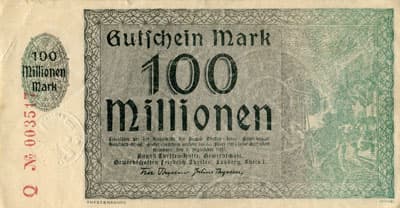 Hamborn / Gutschein August Thyssen-H�tte - 100&nbsp;000&nbsp;000&nbsp;mark - 1&nbsp;septembre&nbsp;1923 - s�rie&nbsp;Q - n�&nbsp;003517 - face