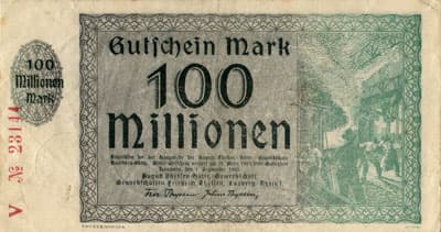 Hamborn / Gutschein August Thyssen-H�tte - 100&nbsp;000&nbsp;000&nbsp;mark - 1&nbsp;septembre&nbsp;1923 - s�rie&nbsp;V - n�&nbsp;23144 - face