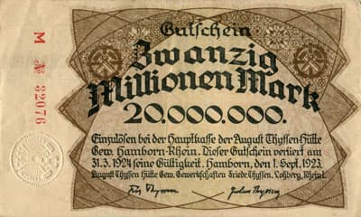 Hamborn / Gutschein August Thyssen-H�tte - 20&nbsp;000&nbsp;000&nbsp;mark - 1&nbsp;septembre&nbsp;1923 - s�rie&nbsp;M - n�&nbsp;32076 - face