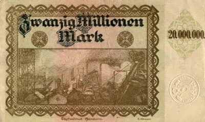 Hamborn / Gutschein August Thyssen-H�tte - 20&nbsp;000&nbsp;000&nbsp;mark - 1&nbsp;septembre&nbsp;1923 - s�rie&nbsp;M - n�&nbsp;32076 - dos