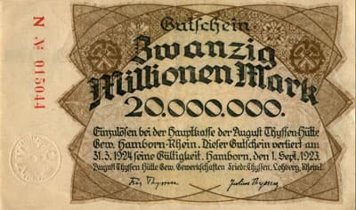 Hamborn / Gutschein August Thyssen-H�tte - 20&nbsp;000&nbsp;000&nbsp;mark - 1&nbsp;septembre&nbsp;1923 - s�rie&nbsp;N - n�&nbsp;015044 - face
