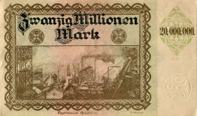 Hamborn / Gutschein August Thyssen-H�tte - 20&nbsp;000&nbsp;000&nbsp;mark - 1&nbsp;septembre&nbsp;1923 - s�rie&nbsp;N - n�&nbsp;015044 - dos