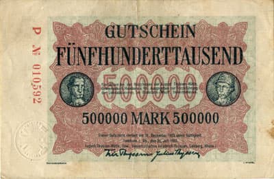 Hamborn / Gutschein August Thyssen-H�tte - 500&nbsp;000&nbsp;mark - 25&nbsp;juillet&nbsp;1923 - Serie&nbsp;P - n�&nbsp;010592 - face