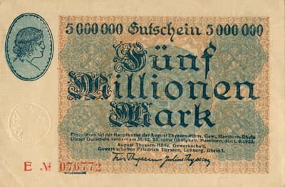 Hamborn / Gutschein August Thyssen-H�tte - 5&nbsp;000&nbsp;000&nbsp;mark - 1&nbsp;ao�t&nbsp;1923 - s�rie&nbsp;E - n�&nbsp;076772 - face