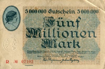 Hamborn / Gutschein August Thyssen-H�tte - 5&nbsp;000&nbsp;000&nbsp;mark - 1&nbsp;ao�t&nbsp;1923 - s�rie&nbsp;R - n�&nbsp;07102 - face