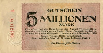 Hamborn / Gutschein August Thyssen-H�tte - 5&nbsp;000&nbsp;000&nbsp;mark - 1&nbsp;septembre&nbsp;1923 - s�rie&nbsp;T - n�&nbsp;012490 - face